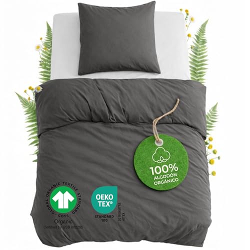 Dreamzie Funda Nordica Cama 90 Algodon Organico - Funda Nordica 140x200cm, Funda de Almohada 65x65cm - Algodon Bio Percal 180 TC - Certificado Oeko-Tex & Gots - Antracita