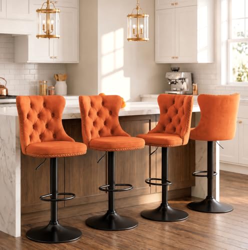 Waully Modern Velvet Counter Height Bar Stools Set of 4 Adjustable Swivel Bar Stools with Back Orange Upholstered Kitchen Island Chairs Sillas para Barra de Cocina Black Base (Orange 4Pcs)