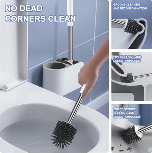 Image of Clyton Silicone Toilet Brush with Holder Stand, Toilet Cleaning Brush and Soft Bristles Bathroom Cleaning Brush with Self Adhesive Wall Mounted Ventilated Drying Stand, Toilet Cleaning Brushes Set