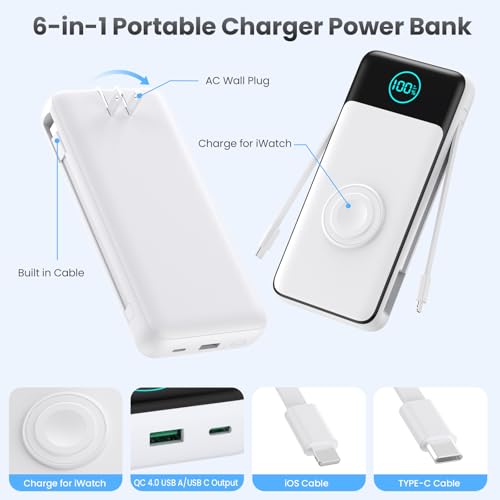 Image of Portable Charger for iPhone with Built-in Cables and AC Wall Plug,26800mah Fast Charging USB C Power Bank,25W PD Travel Essential Battery Pack for iPhone 17 /16 /15 /14 /13,Galaxy,Apple Watch (White)