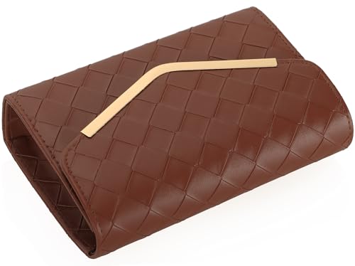 Image of Womens Woven Evening Bag Faux Leather Crossbody Clutch Purse Envelope Handbag for Wedding Prom Party Brown