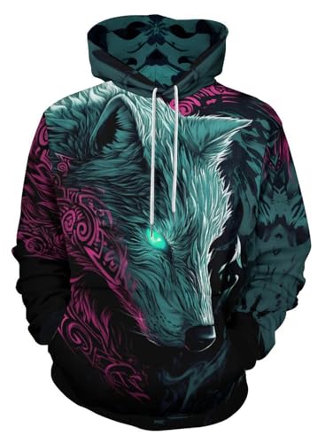 ENLACHIC Sudadera con capucha para hombre con impresión digital 3D Viking Tattoo, Lobo vikingo rosa y verde, Large