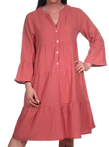 Sublevel Damen Musselin-Kleid LSL-430 Tunika mit 3/4-Ärmeln Middle Rose M/L
