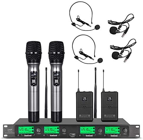 Wireless Microphone System UHF 4 Channel 2 Handheld Mic 2 Headset 2 Lavalier Bodypack 2 Lapel Mic Pro Karaoke System Speaking Conference Wedding Party