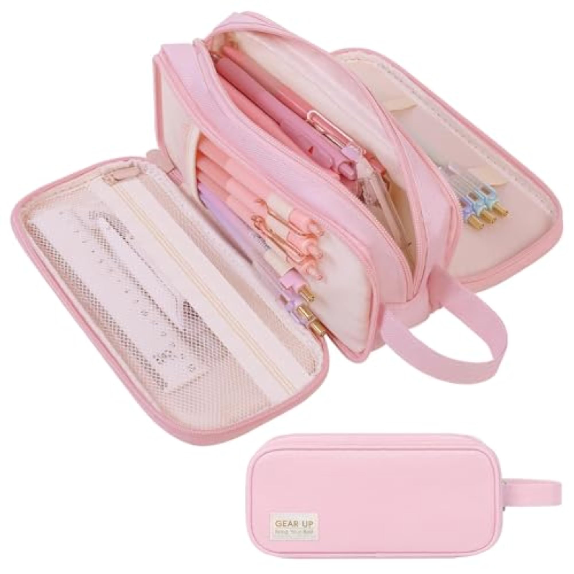 Large Capacity Pencil Case with Handle, 3 Compartment Canvas Pouch