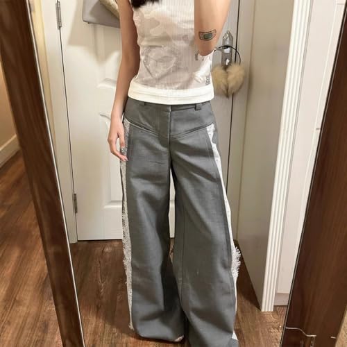 Grey Lounge Pants Loose Straight Leg Pants Hight Waist Lace Trim Pants Casual Streetwear Y2K Sexy Style3