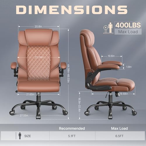 Image of Office Chair-Executive High Back Breathable Big and Tall Office Chair Flip-up Armrests Lumbar Support-Ergonomic Leather Rolling Swivel Chair with Rock Function for Working Studying Gaming,Brown