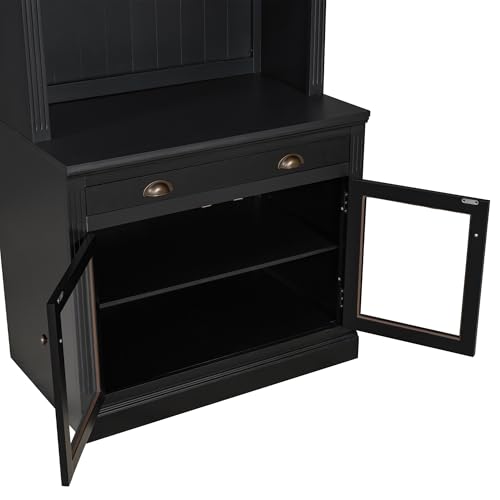 Image of Bookshelves and Bookcases with LED Floor Standing Display Storage Shelves,Open Shelves, 2 Glass Doors and 1 Drawer, 83.4 in Tall Bookcase for Home Office, Living Room, Black