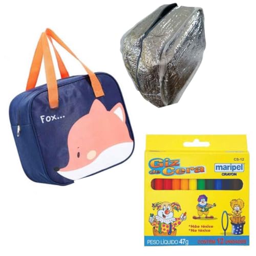 Mochila Merendeira Escolar Infantil Kit Completo: Estampa de Animais, Lancheira Térmica Impermeável,Acompanha cx Giz de Cera Colorido - Perfeito para Crianças Criativas e Dias Divertidos na Escola.