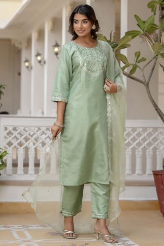 Image of VredeVogel Women's Silk Blend Embroidered Kurta with Pant & Dupatta Set