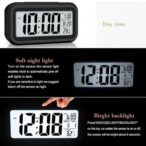 Image of Digital Alarm Clock for Heavy Sleepers, Digital Clock Table Clock for Study Table, Students, Office | Alarm Clock for Bedroom with Loud Sound, Automatic Sensor,Date & Temperature (Black, Medium)