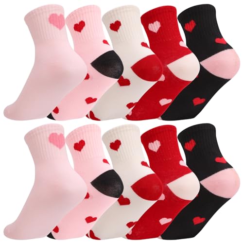 scenicamp 5 Pairs Girls Cute Heart Cotton Socks Seamless Crew Athletic Socks for Kids 9-12 Years Old