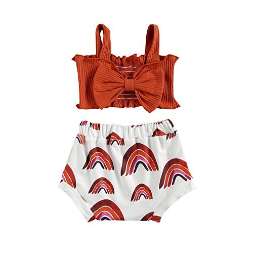 Fashion 2Pcs/Set Baby Girl Summer Outfits, Knitted Crop Tops with Big Bow Sun Rainbow Print Shorts (Caramel Rainbow, 0-6 Months)