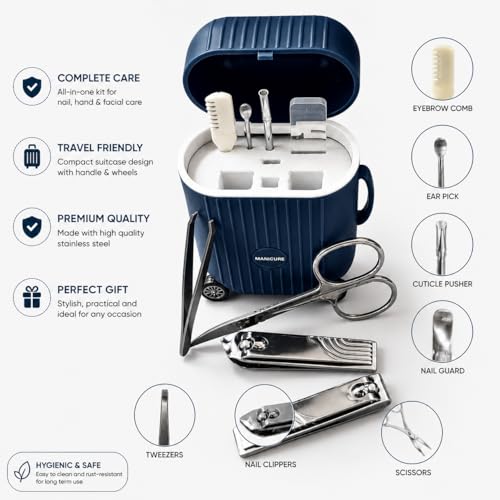 Image of 8-in-1 Manicure Kit - Stainless Steel Nail Clipper Set for Men & Women Mini Suitcase Professional Nail Care On-the-Go, Portable Design for Refined Manicure Experience (Blue)