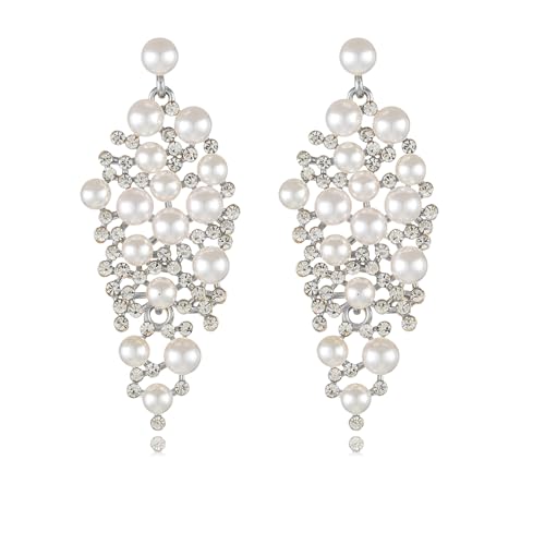 Bridal Pearl Earrings for Women Elegant Large Sparkling Crystal Rhinestone Cluster Chandelier Simulated Pearl Long Dangle Drop Earrings Bridal Wedding Prom Jewelry Gifts
