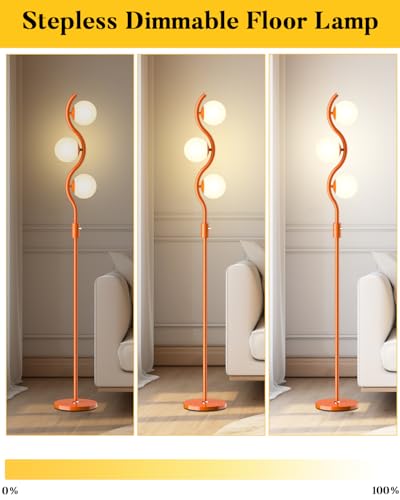 Image of Lightdot 3-Globe Dimmable Floor Lamp Orange Mid Century Modern Standing Lamp with 3PCS 3000K Bulbs Included Stepless Brightness Adjustable Stable Base for Living Room /Bedroom /Sofa Beside /Corner Decor