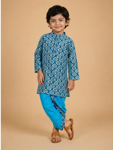Image of The Mom Store Baby /Kids Boys Dhoti Kurta Set | Dhoti and Kurta | 100% Cotton | Comfortable | Ethnic | Festive Look | Block Prints | Colored Dhoti | Blue