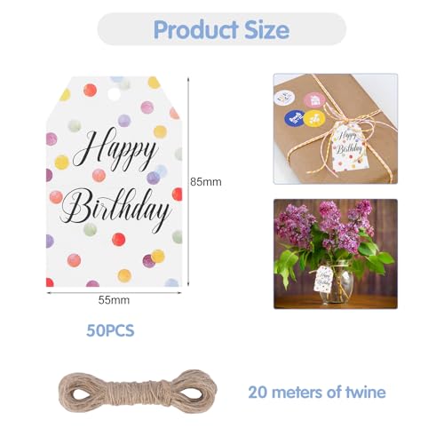 50 Stück Happy Birthday Geschenkanhänger, bunte Punkte, Papieranhänger mit Schnur, personalisierbarer Geburtstags-Geschenkanhänger, bunte Punkte, Geburtstagspapier, Geschenkanhänger für
