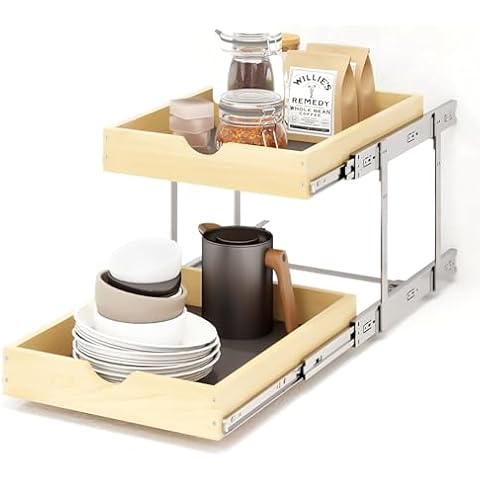 YORKING 2 Tier Pull Out Cabinet Organizer,17" W x 21" D Wooden Cabinet Pull Out Shelves,Heavy-Duty Slide out Wood Drawer Shelf,Pull Out Drawer for Cabinets,Pantry, Bathroom,Kitchen Cover
