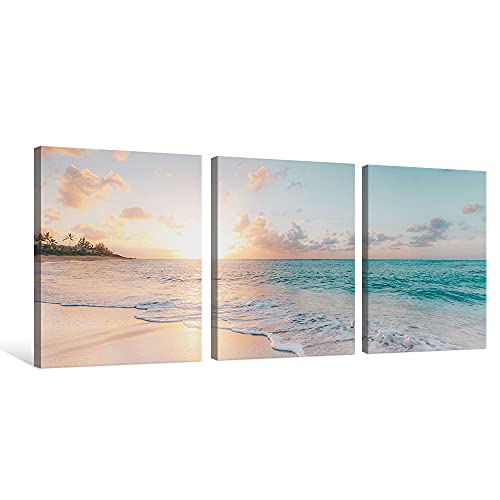 Goldfoilart 3 Pieces Beach Wall Art Sunset Bathroom Canvas Pictures Ocean Wall Decor Waves Prints Paintings for Living Room Bedroom Decorations Ready to Hang 12"x16" x 3pcs