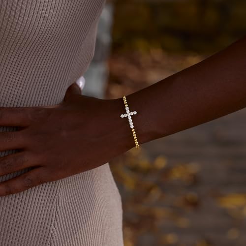 STORYJEWELLERY Cross Bracelet for Women, Beaded Bracelets for Women, 18K Gold Plated Stretch Bracelets, Christian Jewelry, Confirmation and Baptism Gifts - Thumbnail 4