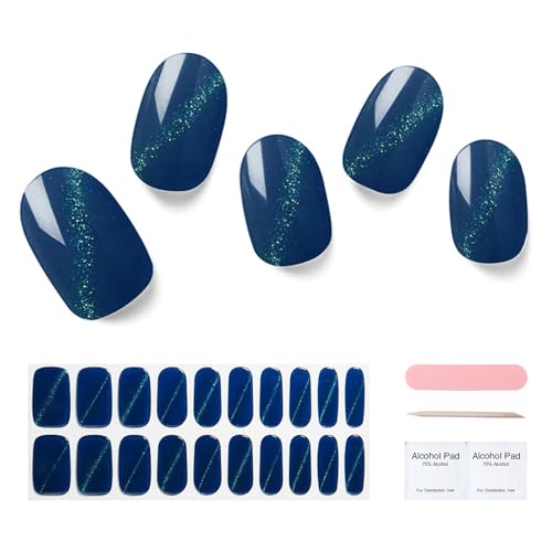 Semi Cured Gel Nail Strips, 20 pcs Gel Nail Stikers, Gel Nail Wraps Semi Cured, Salon-Quality, 2 Weeks Long Lasting Navy Chic