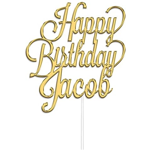 Personalised Happy Birthday Acrylic Cake Topper by KreateSquare | Custom Colour Any Name & Any Age Acrylic Cake Decoration | Acrylic Cake Topper (Gold) Cover