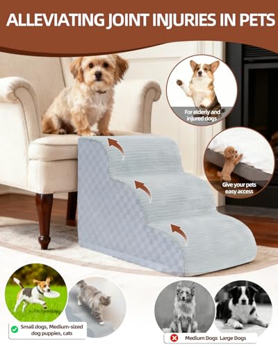 Image of Dog Stairs Ramp for Couch 15.7 inch H, 3-Step Pet Stairs for Small Dogs with High Density Foam, Dog Slope Stairs with Durable Non-Slip Bottom for Puppy Grey