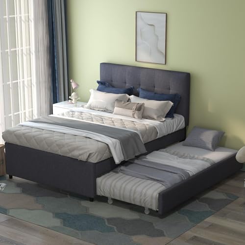 civama Full Bed with Trundle Upholstered Full Over Twin Pull Out Platform Bed with Soft Linen Headboard & Wooden Slat Support for Bedroom Apartment No Box Spring Needed Grey