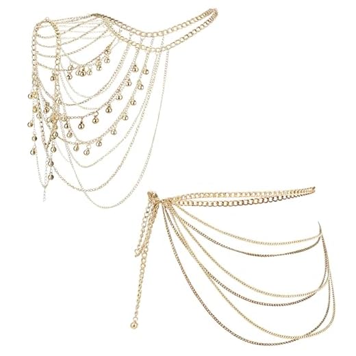 Tondiamo Halloween Kpop Singer Cosplay Costume Set 1 PC Gold Multi-Layer Tassel Shoulder Chain and 1 PC Multi-Layered Tassel Waist Chain Woman Chic Stage Accessories for Halloween Kpop Party Outfits