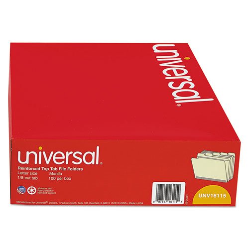 Universal 16115 File Folders, 1/5 Cut Assorted, Two-Ply Top Tab, Letter, Manila, 100/Box #TOP1