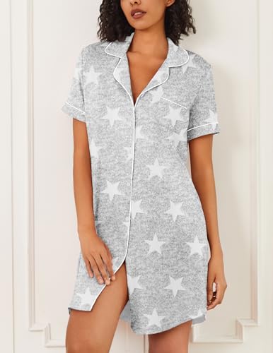 Image of Ekouaer Nightgowns for Women 2 Pack Button Down Sleepwear Short Sleeve Sleepshirts Soft Nightshirts Boyfriend Pajama Dress