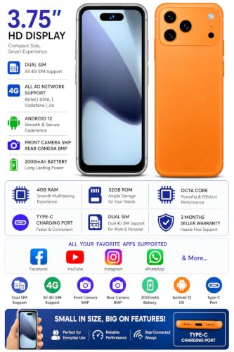 Image of SIVANTAGE PRO Mini 4G Smartphone, 4GB RAM 32GB Storage, Android 12, 3.75 Inch Display, Dual SIM, 5MP Selfie Camera, 8MP Rear Camera, 2000mAh Battery, Type-C Charging, 4G Volte