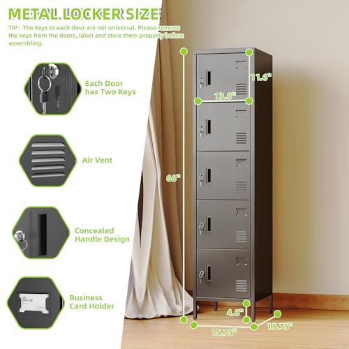 Image of Aobabo 16 inch W 5 Door Metal Storage Locker with Lock, 66 inch H Steel Locker with Name Card Holder and Metal Leg for School, Home, Office, Playroom, Assembly Required, Black