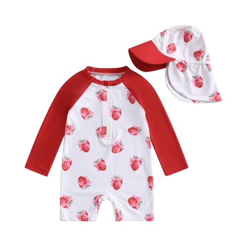 Toddler Baby Girl Swimsuit and Hat Zip Up Long Sleeve All in One Swimming Costume UV Sun Protection Swimwear One Piece Swimming Suit Rash Guard Sunsuit (Strawberry Bow Red, 12_months-24_months)