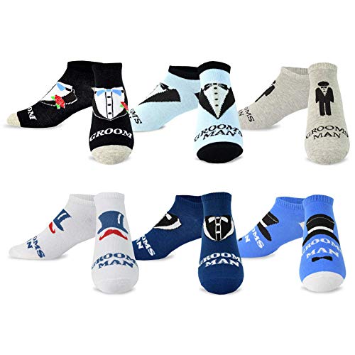 6 Pairs of Colorful Tuxedo Hat Bow Tie Design Groomsman Low Cut Ankle Length Cotton Socks in Blue Black and Heather Grey 10-13