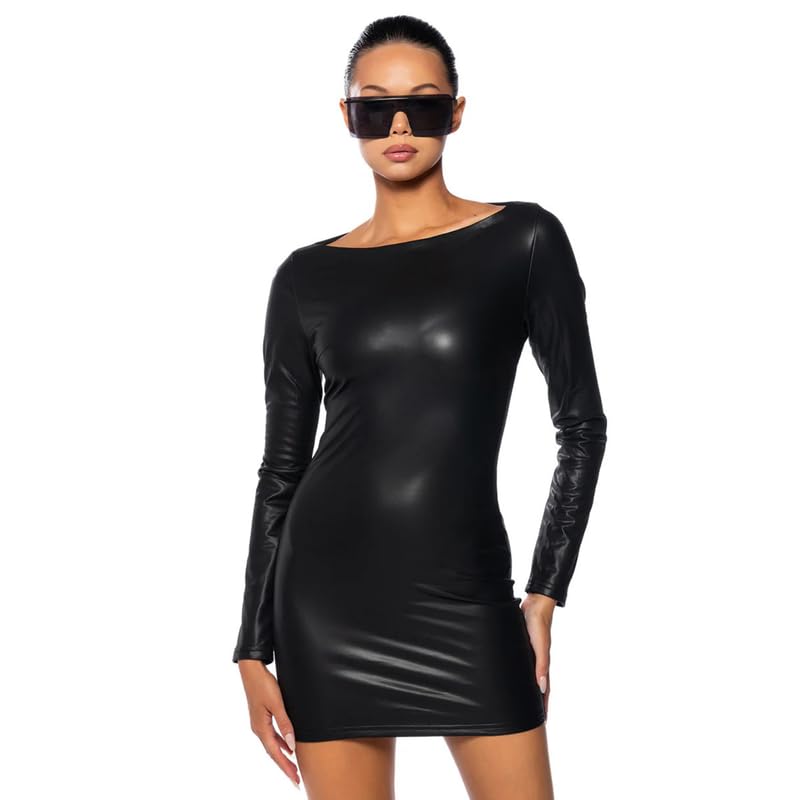 BODYWEAR LTD Damen Wetlook Langarm PU Damen Bodycon Midi Kunstleder Minikleid, Schwarz , S-M Kurz