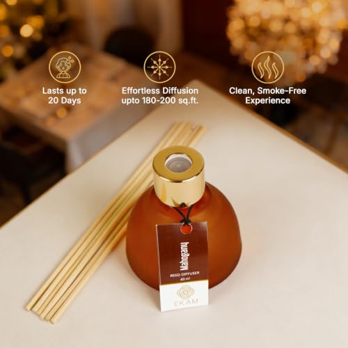 Image of EKAM Mahogany Reed Diffuser Set 60ml | Frosted Glass Bottle with 6 Natural Reed Sticks | Aromatherapy & Stress Relief | Long-Lasting(Up to 30 Days), Smoke-Free Air Freshener for Home, Bedroom & Office