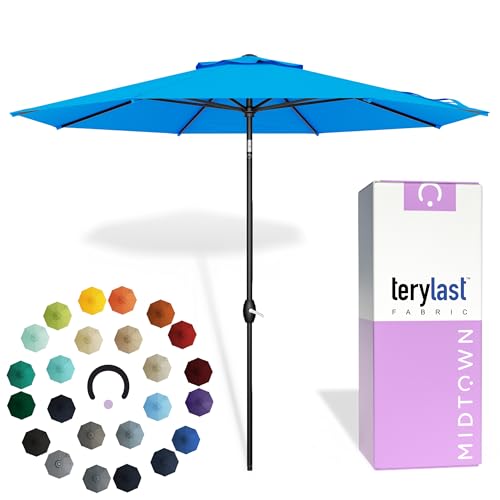 Image of Midtown Umbrellas - 10-Year-No-Fade 9 Ft Patio Umbrella with Terylast Fabric, Auto-Tilt Aluminum Frame and 8 Reinforced Ribs for Deck, Pool, Garden & Beach - Cobalt Blue Canopy, Black Pole