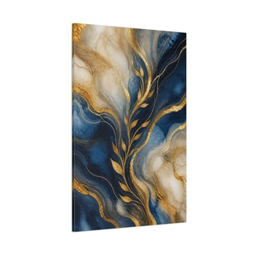 Toile abstraite feuilles d'or bleu salon tableau moderne 80x120 cm