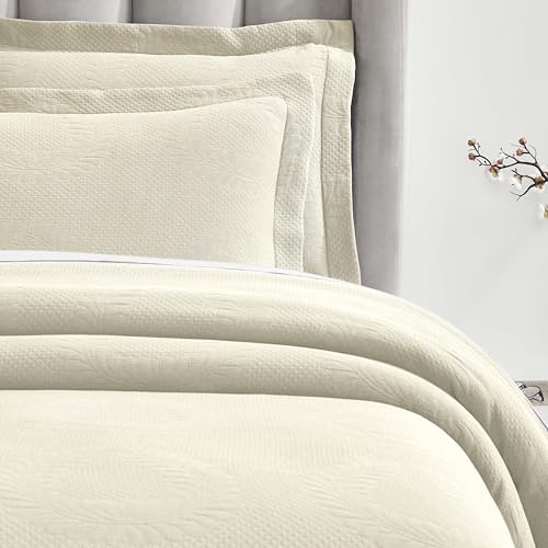 Superior 3 Piece Cotton Bedspread Set, Home Bed Decor, Decorative Bed Spread, 2 Pillow Shams, Medium Weight Blanket, Matelasse Coverlet, Bedding Essentials, Peploi Collection, King, Ivory