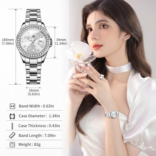 Image of OLEVS Watches Women with Date Silver Stainless Steel Luxury Ladies Watches with Small Writs Diamond Watches for Women Waterproof Elegant Dress Quartz Analog Women's Wrist Watches Reloj de Mujer