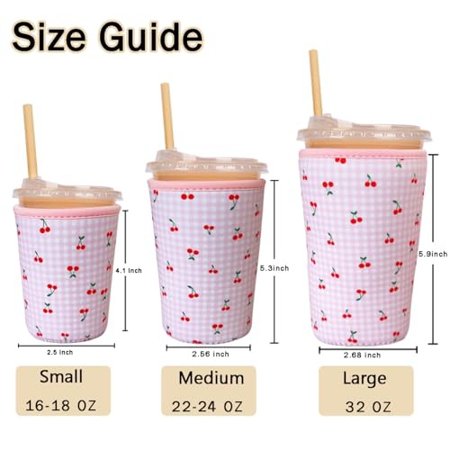 Image of Reusable Insulated Sleeve for Iced Coffee Cup, Coffee Neoprene Sleeve for Cold & Hot Drinks, Beverage Holder for Iced Coffee (Pink Cherry, Medium: 22-24oz)
