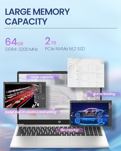 Image of HP 15.6 FHD Laptop Computer • 10 Cores Intel Core i7-1255U CPU up to 4.7GHz • 64GB RAM • 2TB PCIe SSD • Wi-Fi 6 • USB-C • Windows 11 Home • WOWPC Recovery USB • Business and Fun