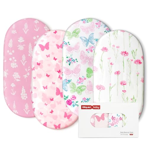 Image of Gllquen Baby Bassinet Sheets 4 Pack, Breathable Cozy Fitted Mattress Sheet, Elastic Travel Crib Fashionable Floral Pattern, Standard Cradle Safe Sheets for Baby Boys Girls 32"x16" (Butterfly)