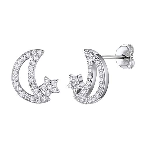 925 Sterling Silver Earrings for Women Dainty Sparkle Cubic Zirconia cz Crescent Moon Star Cute Stud Earrings Woman Jewelry Gift
