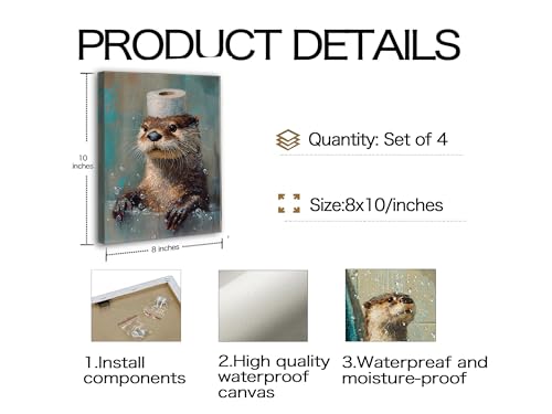 Image of Frimeeme 4 Piece Framed Funny Otter Bathroom Canvas Wall Art