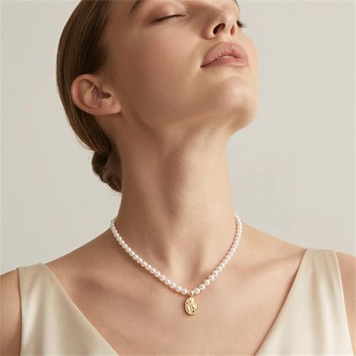Image of Jeulia Vintage Oval Rice Pearl Choker Necklace for Women, 14K Gold Plated Andy Style Enamel Heart Pendant Dainty Beaded Pearl Jewelry Gifts for Birthday Anniversary Daily Party Wear