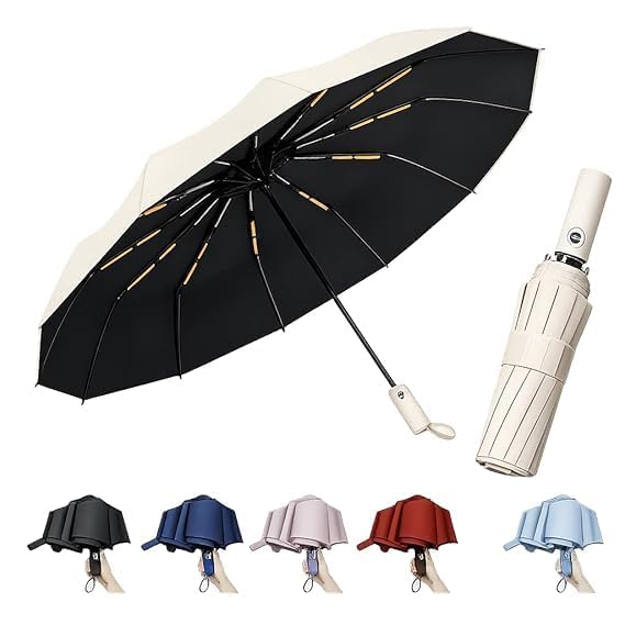 Image of Automatic Open Close Windproof Folding Travel Umbrella, Portable Compact Rain Umbrella for Men & Women Strongest Premium Auto Folding Umbrella for Rain and Sun (beige)
