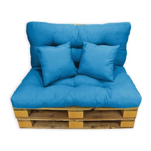 Acomoda Textil - Cojines Sofá Palets. Conjunto 4 Piezas para Palet, Asiento 120x80 cm + Respaldo + 2 Cojines. Cómodo y Elegante para Interior y Exterior, NO Incluye PALETS. (Azul)